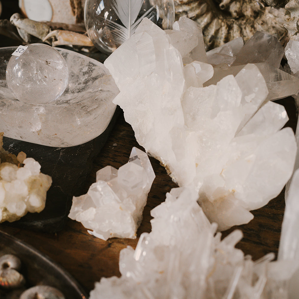 Photo of quartz crystals on a table