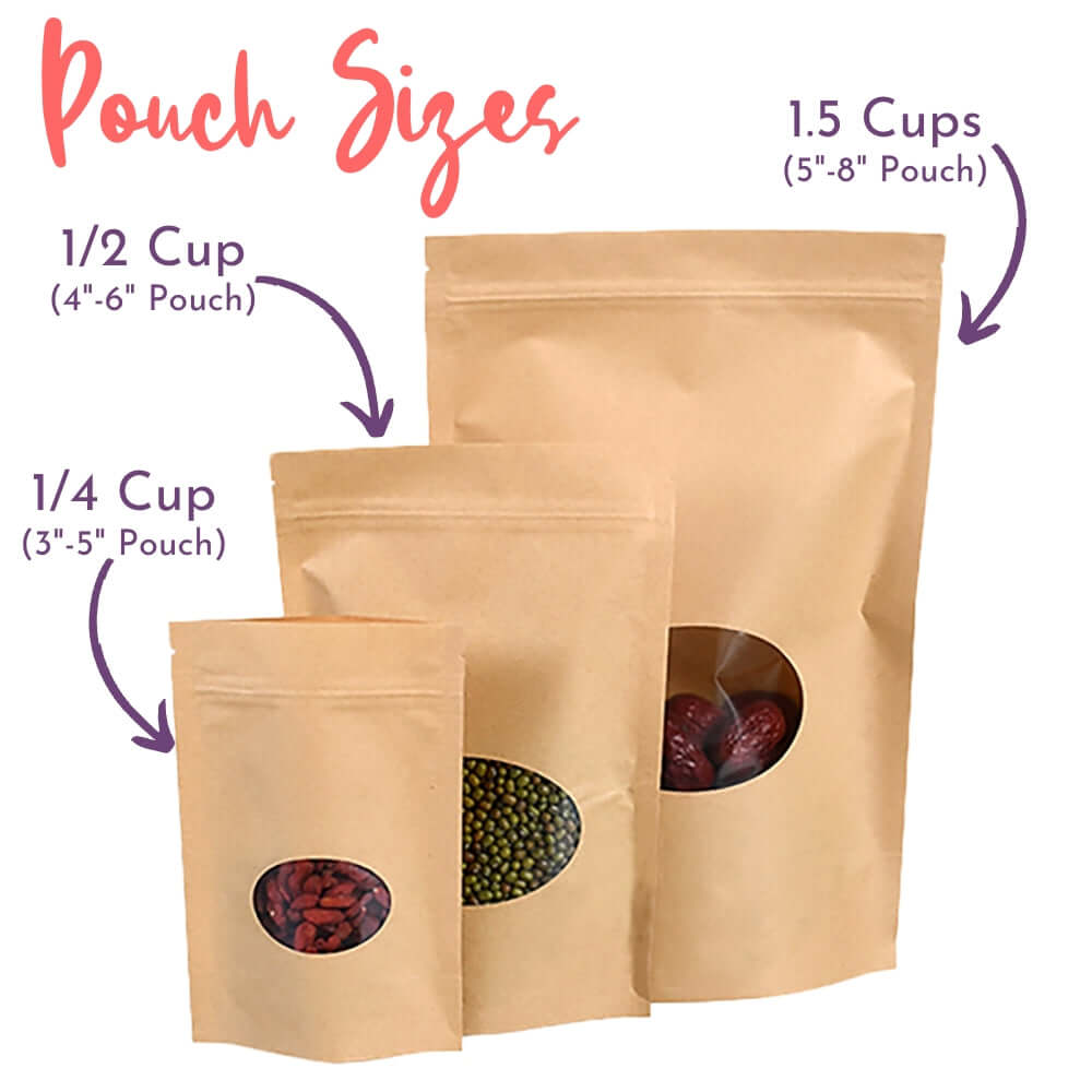 Pouch Sizes, 1/4 c = 3x5 inch pouch, 1/2 c = 2x6 inch pouch, 1.5 c = 5x8 inch pouch