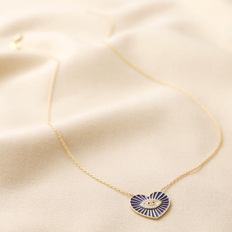 Navy Evil Eye Heart Pendant Necklace in Gold Necklaces  