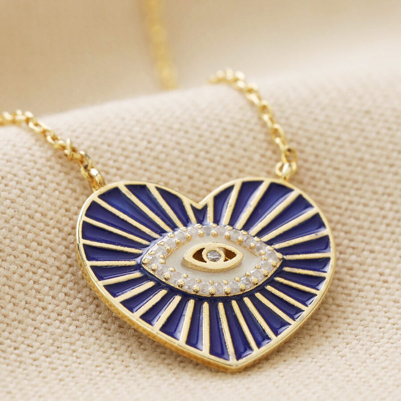 Navy Evil Eye Heart Pendant Necklace in Gold Necklaces  
