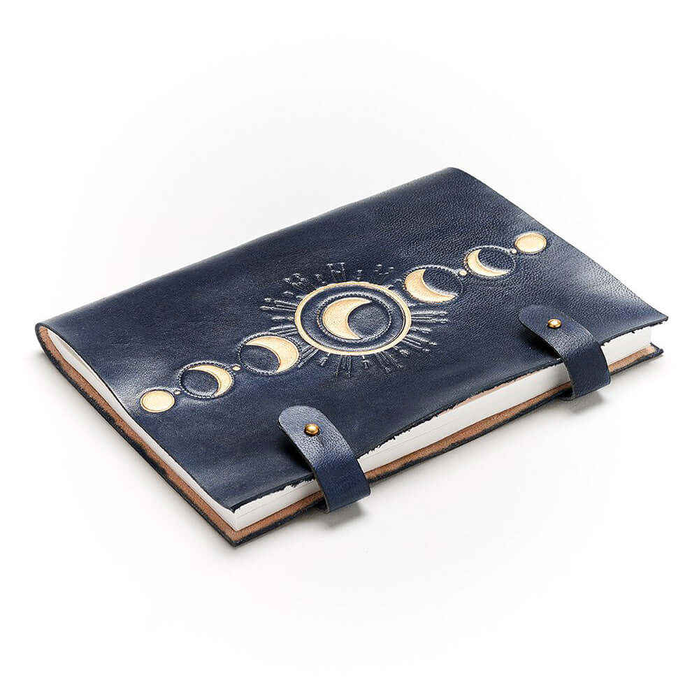 Blue Lunar Phase Leather Journal - Handcrafted Journal  