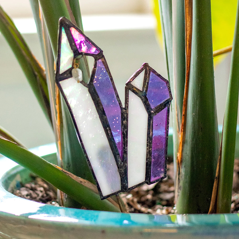 Handcrafted Stained Glass Double Crystal Plant Stake Garden Decor Cosmic & Cool (Purples) 