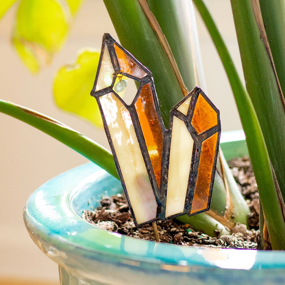 Handcrafted Stained Glass Double Crystal Plant Stake Garden Decor Milk & Honey (Amber) 
