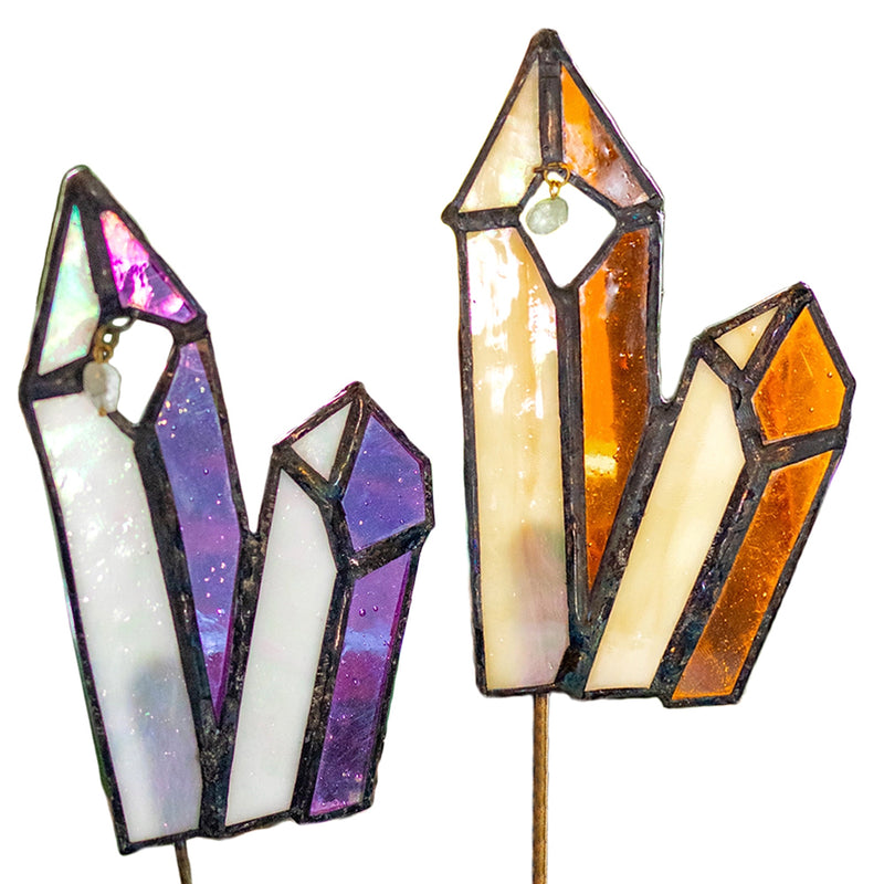 Handcrafted Stained Glass Double Crystal Plant Stake Garden Decor  